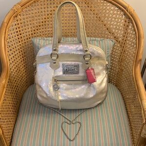 Poppy spotlight sequin bag in iridescent white with leather trim cream & silver